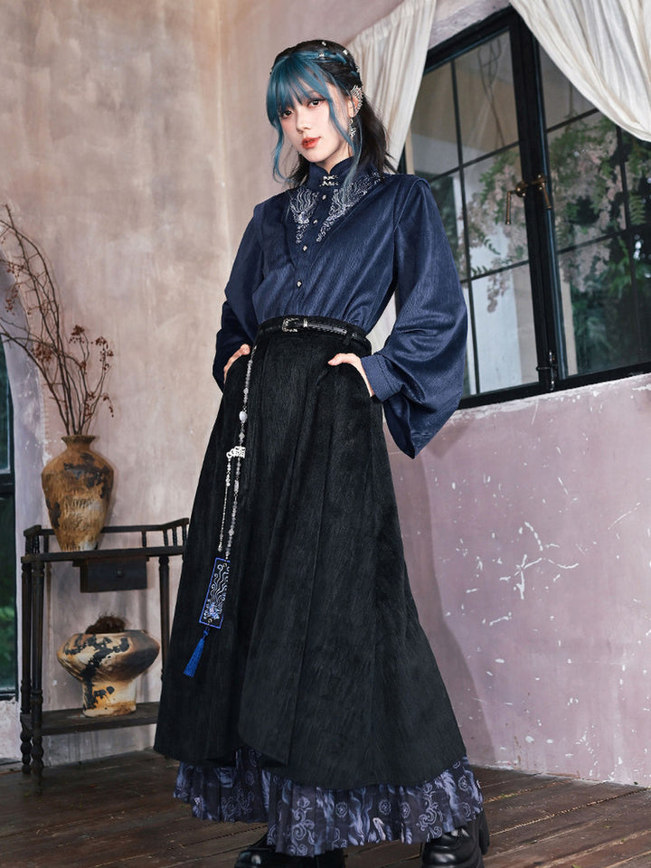 Chinese-Inspired Fish Embroidered Pipa Sleeve Shirt