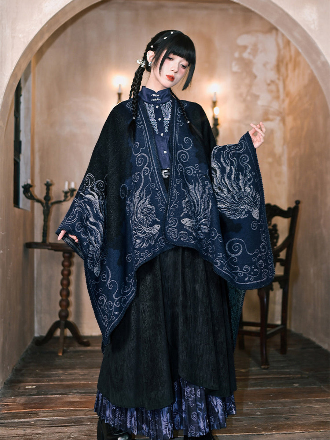 Chinese-Inspired Fish Embroidered Pipa Sleeve Shirt
