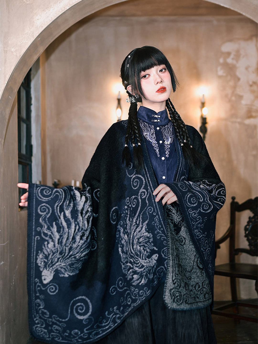 Chinese-Inspired Fish Embroidered Pipa Sleeve Shirt