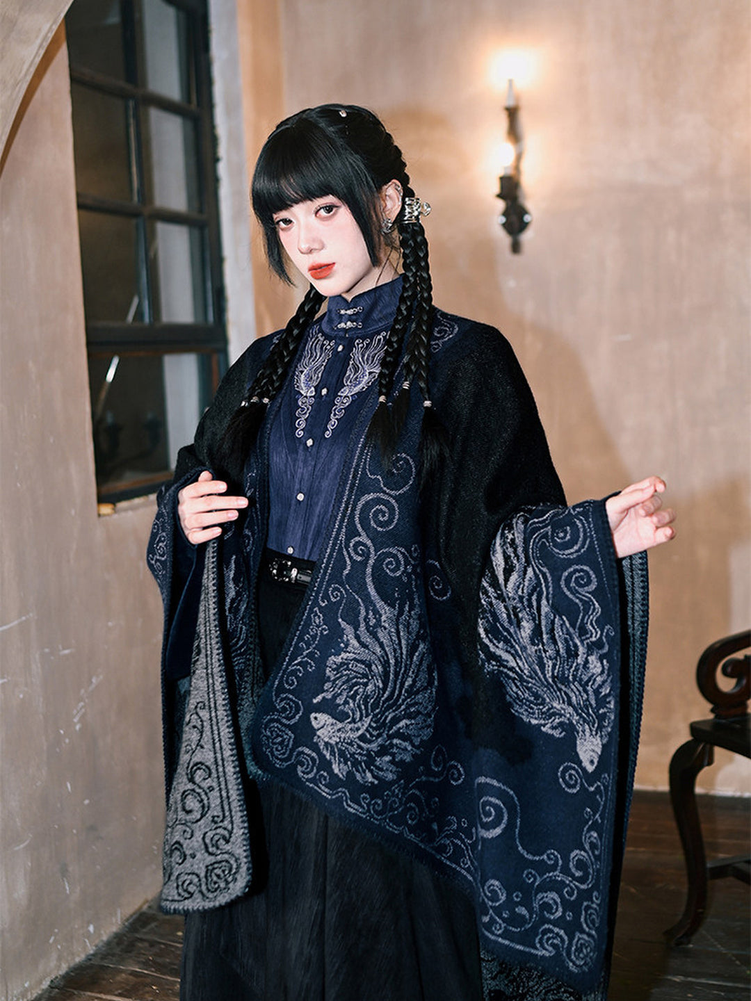 Chinese-Inspired Fish Embroidered Pipa Sleeve Shirt