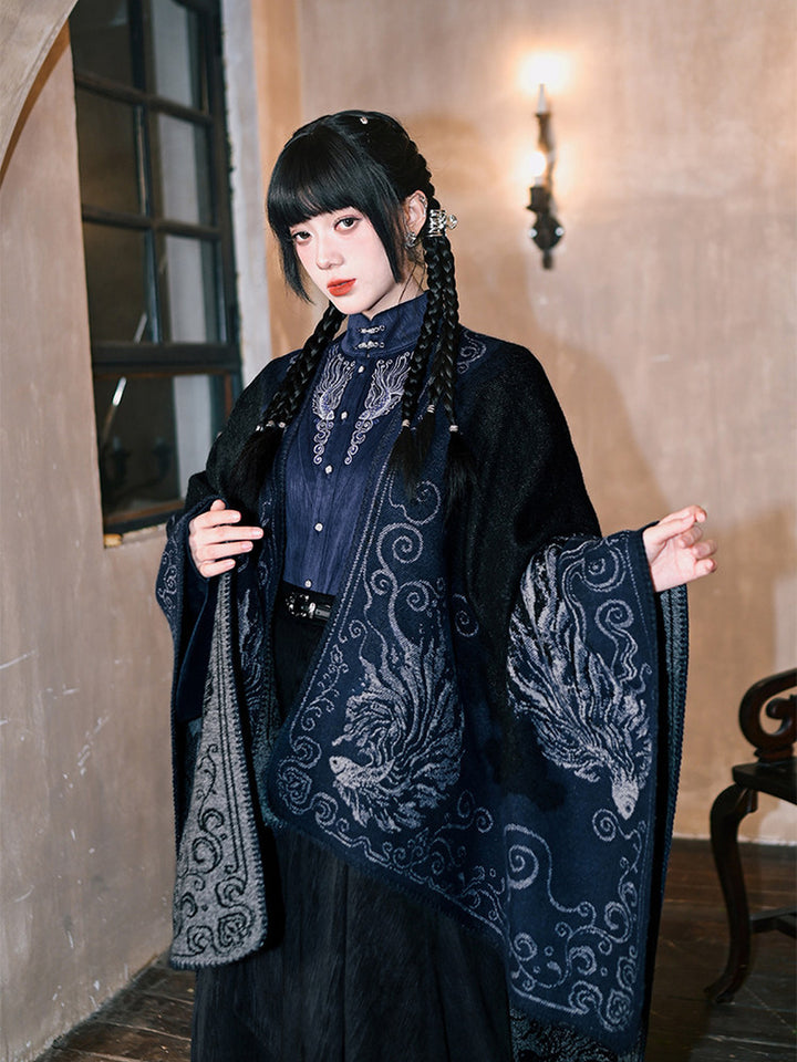 Chinese-Inspired Fish Embroidered Pipa Sleeve Shirt