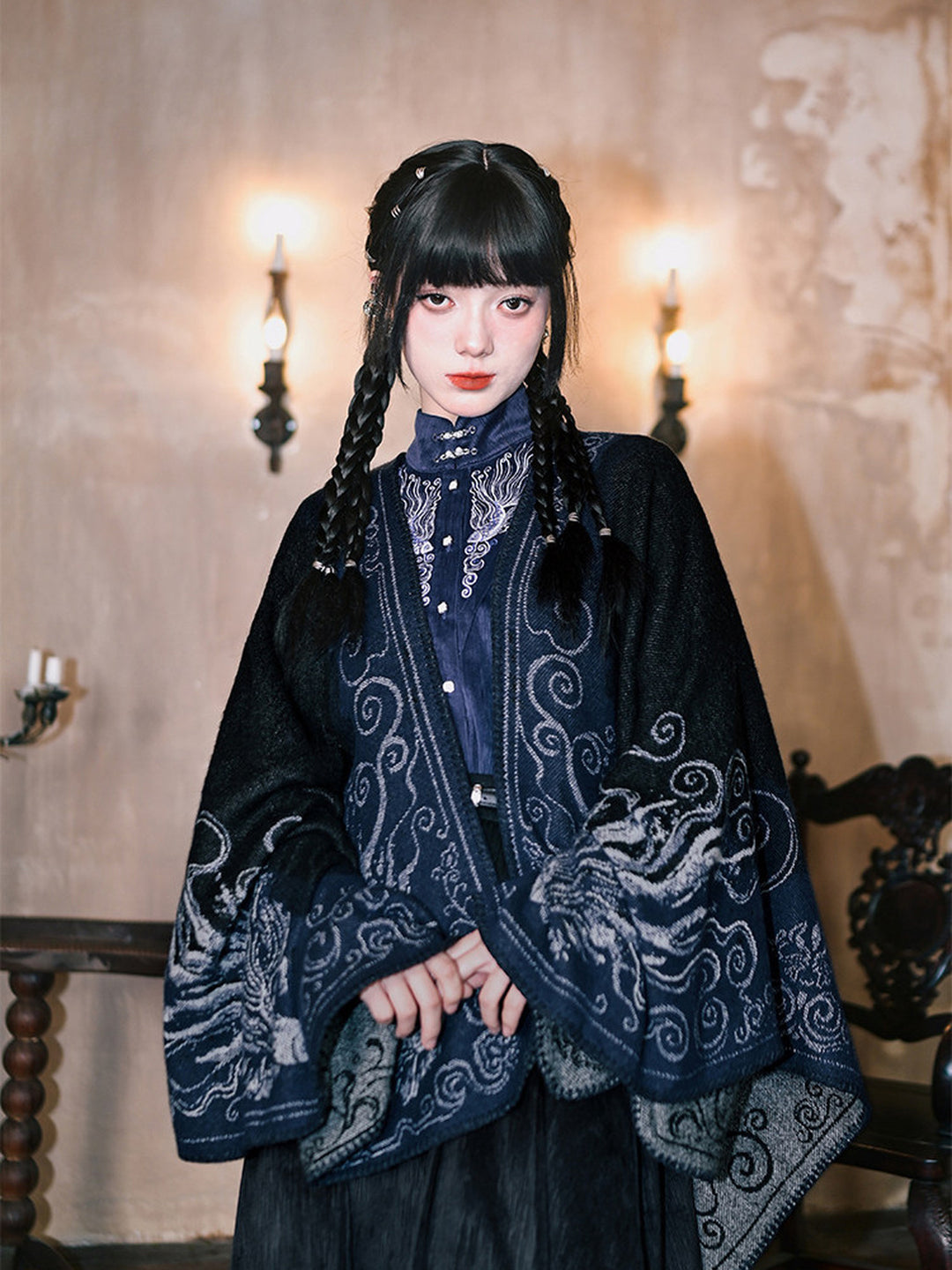 Chinese-Inspired Fish Embroidered Pipa Sleeve Shirt