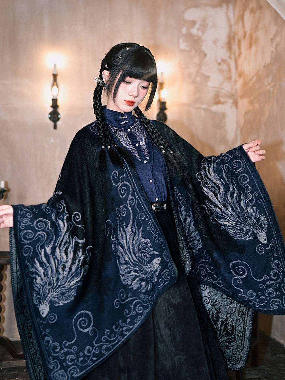 Chinese-Inspired Fish Embroidered Pipa Sleeve Shirt