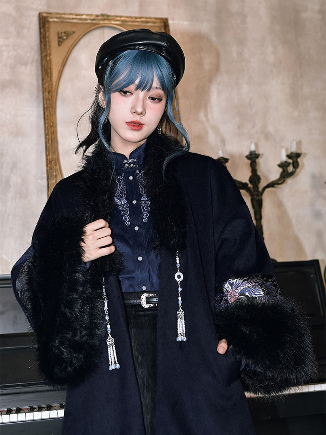 Chinese-Inspired Fish Embroidered Pipa Sleeve Shirt
