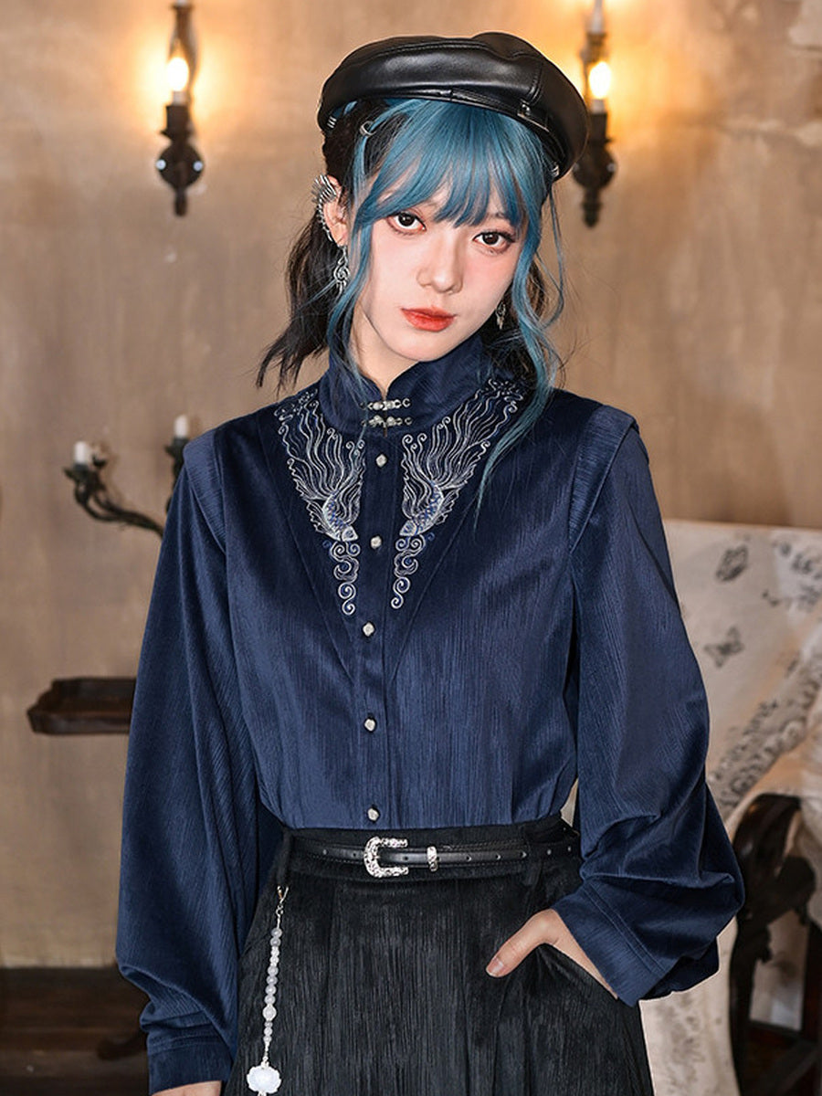 Chinese-Inspired Fish Embroidered Pipa Sleeve Shirt