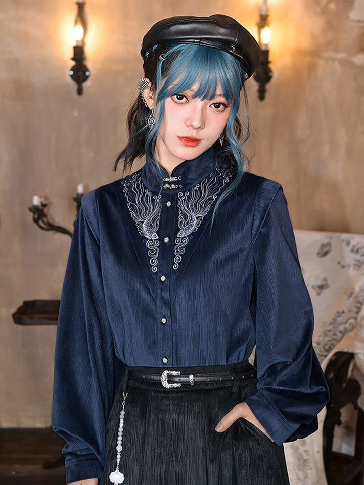 Chinese-Inspired Fish Embroidered Pipa Sleeve Shirt