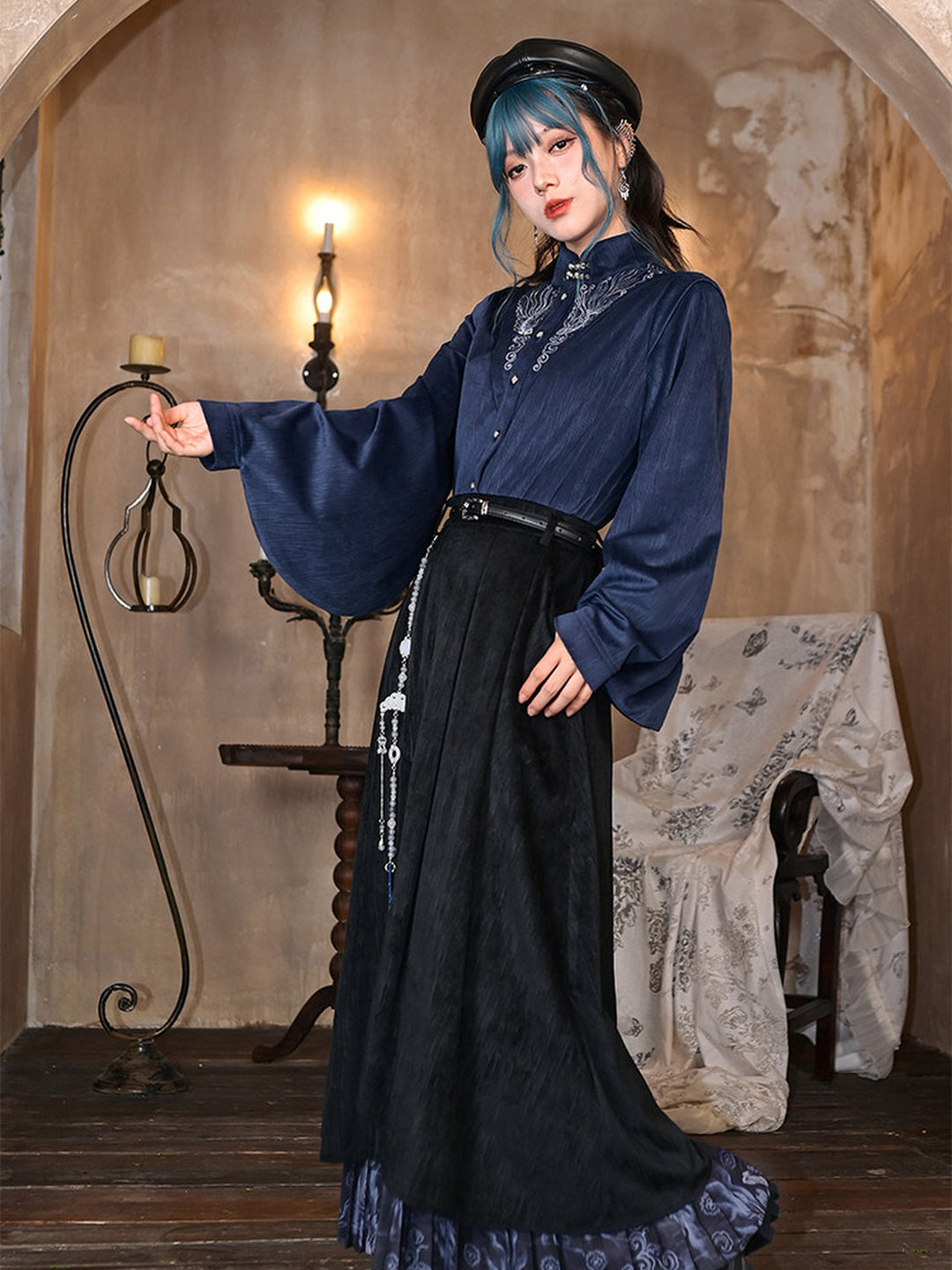 Chinese-Inspired Fish Embroidered Pipa Sleeve Shirt
