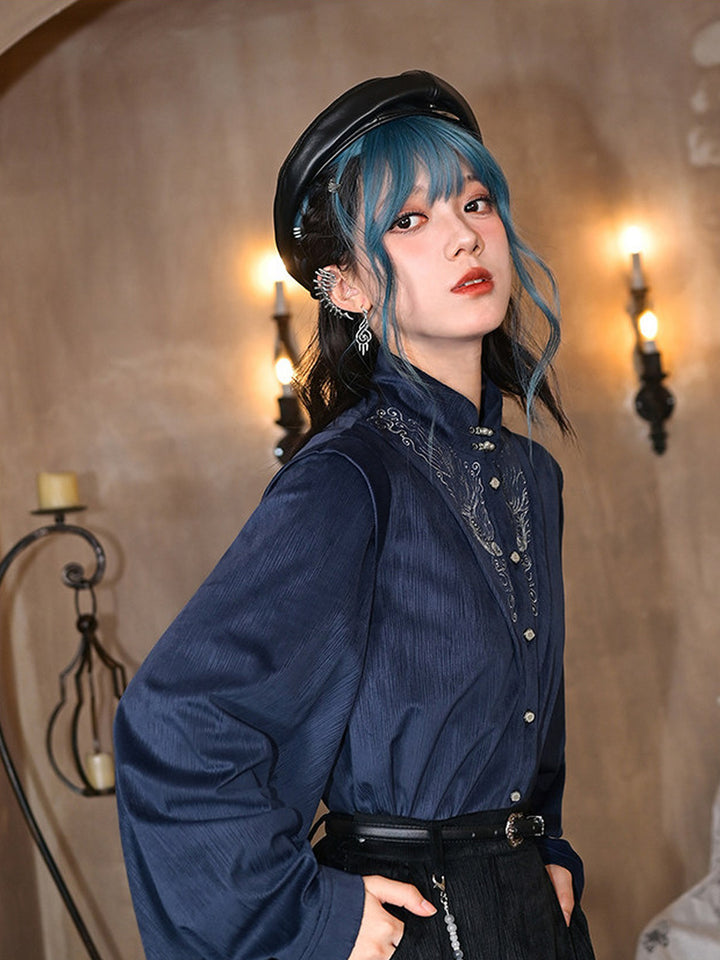 Chinese-Inspired Fish Embroidered Pipa Sleeve Shirt