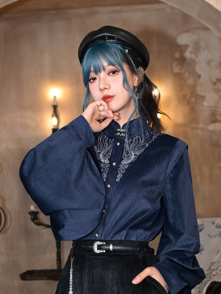 Chinese-Inspired Fish Embroidered Pipa Sleeve Shirt