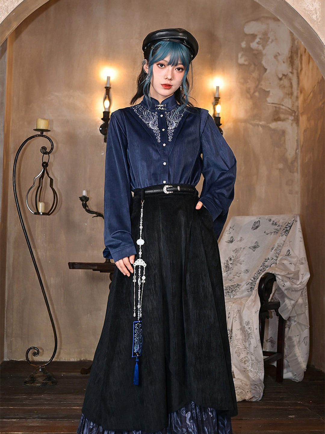 Chinese-Inspired Fish Embroidered Pipa Sleeve Shirt