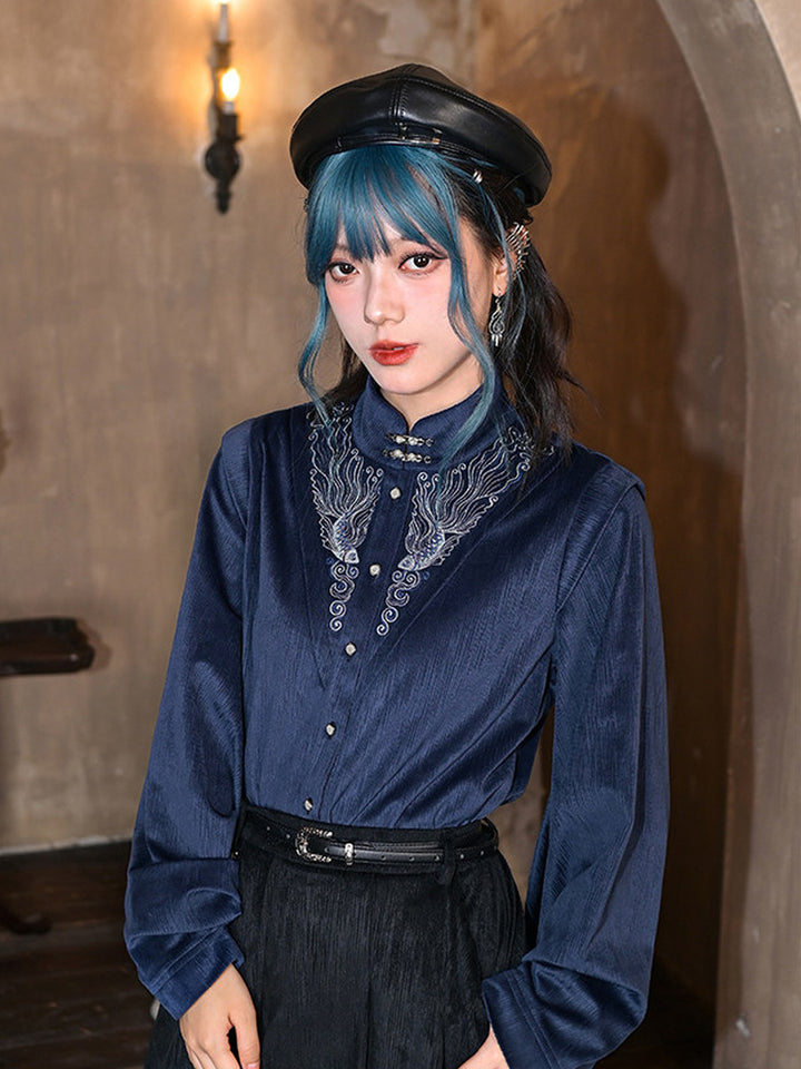Chinese-Inspired Fish Embroidered Pipa Sleeve Shirt
