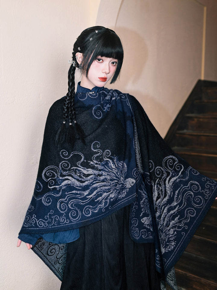 Chinese-Inspired Phoenix Jacquard Cape Shawl