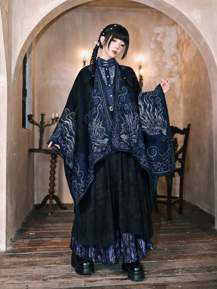Chinese-Inspired Phoenix Jacquard Cape Shawl