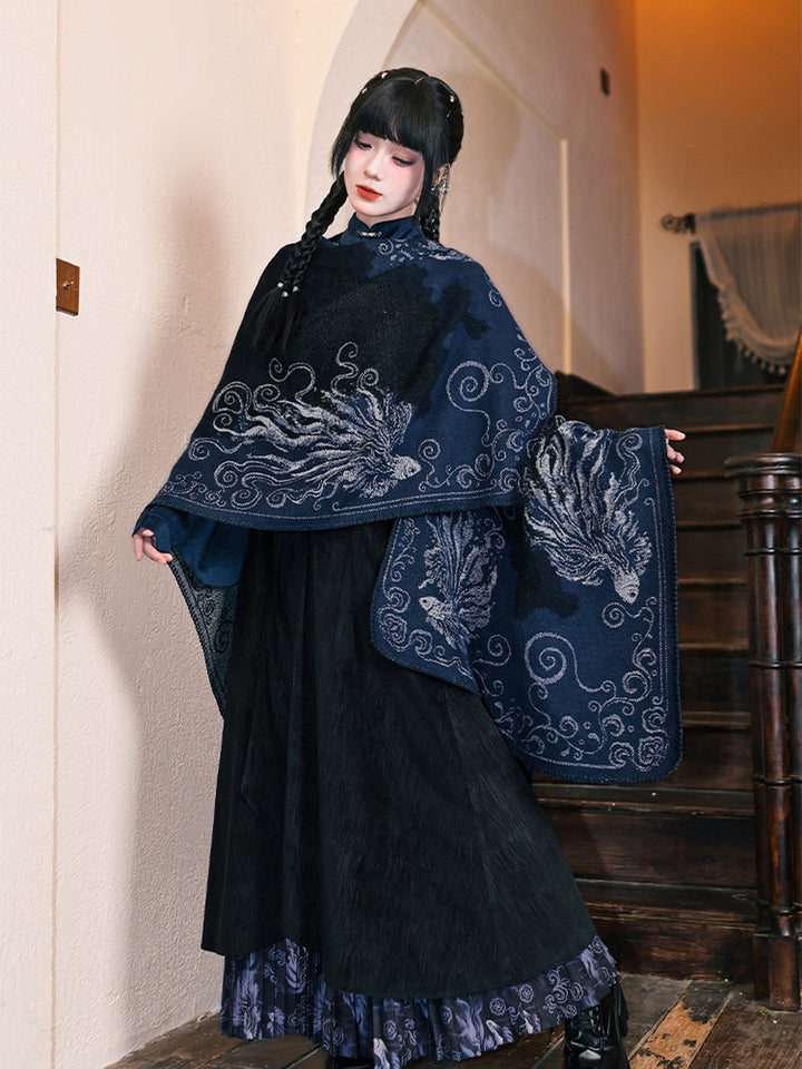 Chinese-Inspired Phoenix Jacquard Cape Shawl