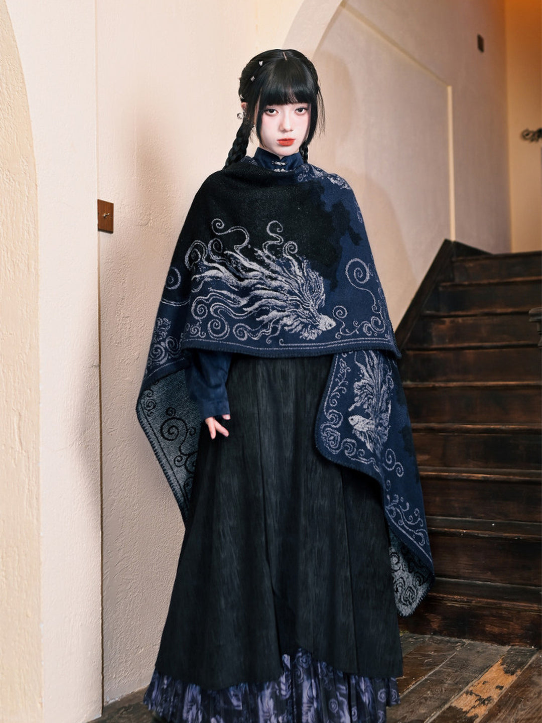 Chinese-Inspired Phoenix Jacquard Cape Shawl