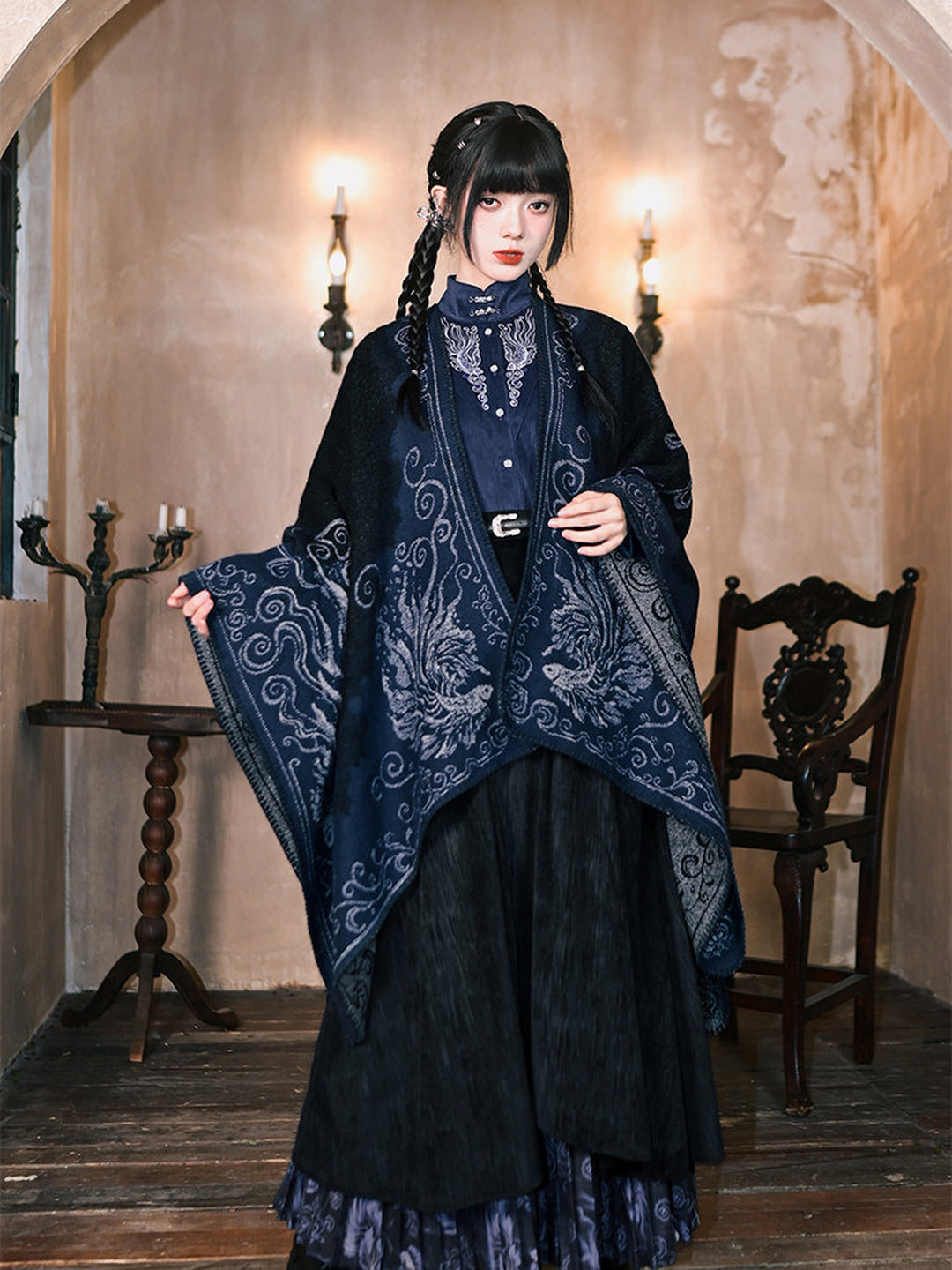 Chinese-Inspired Phoenix Jacquard Cape Shawl