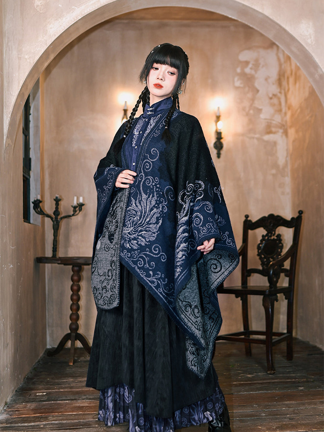 Chinese-Inspired Phoenix Jacquard Cape Shawl