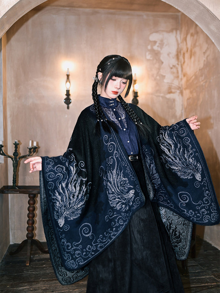 Chinese-Inspired Phoenix Jacquard Cape Shawl
