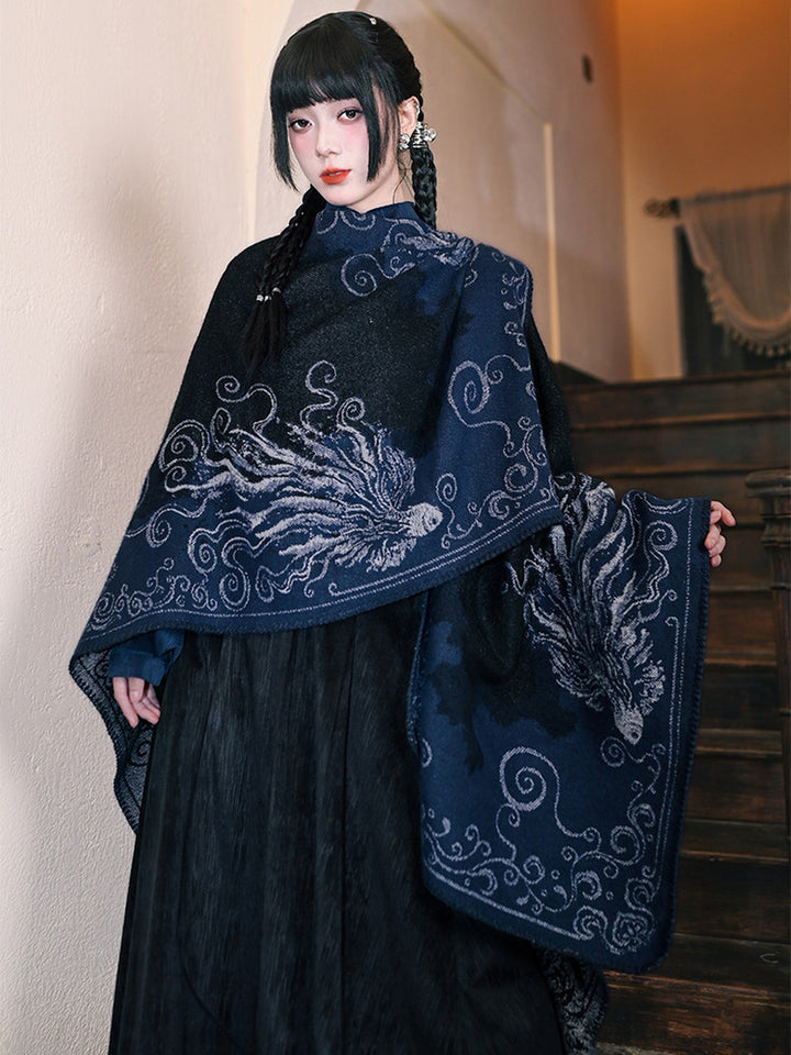 Chinese-Inspired Phoenix Jacquard Cape Shawl
