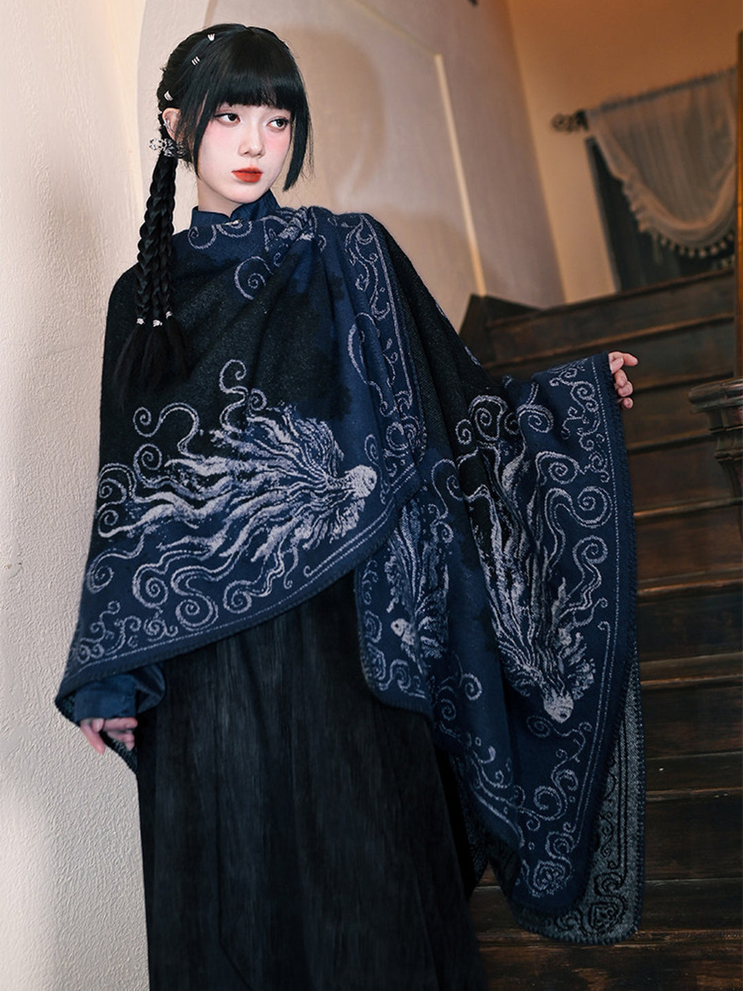Chinese-Inspired Phoenix Jacquard Cape Shawl