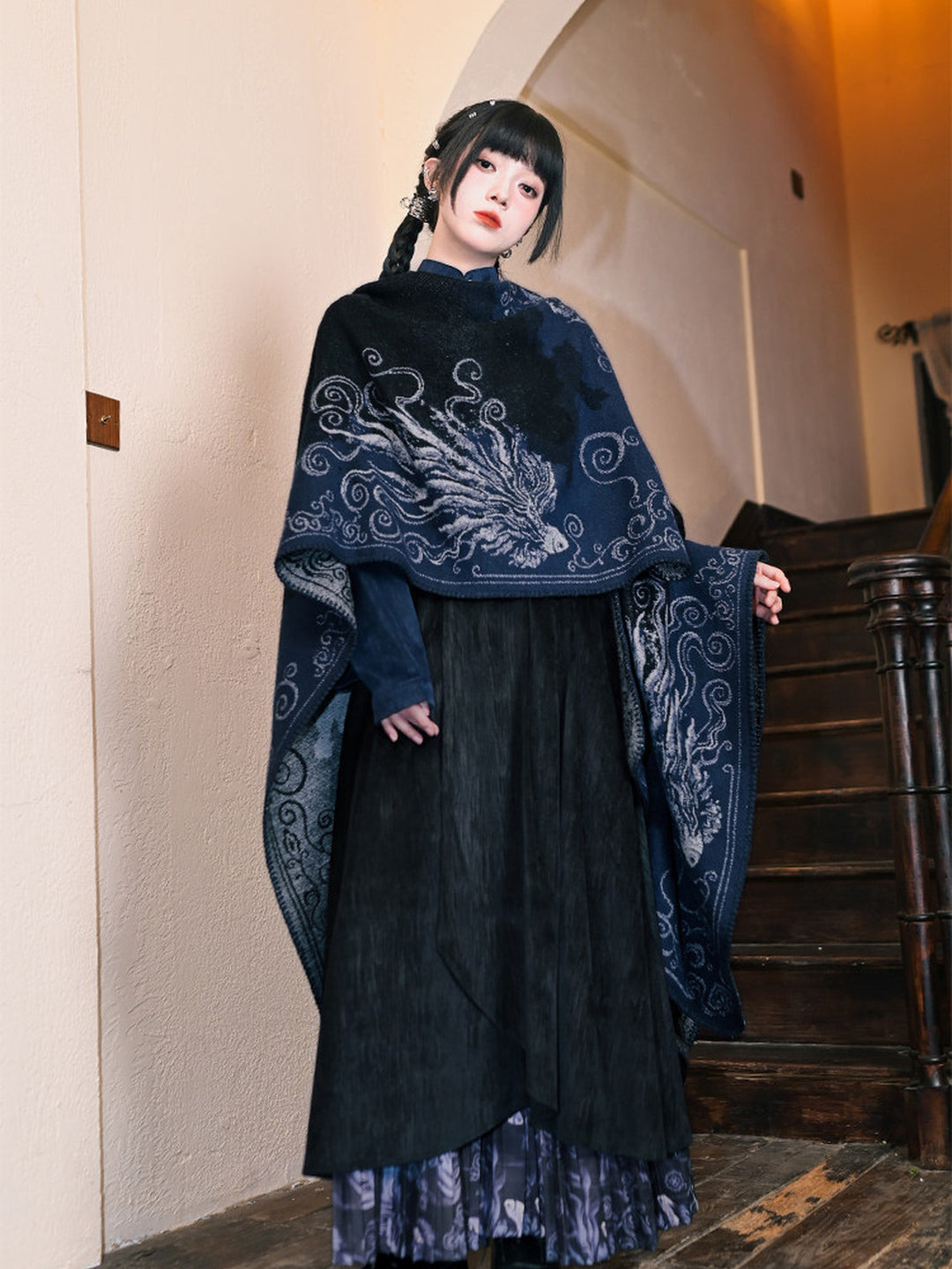 Chinese-Inspired Phoenix Jacquard Cape Shawl