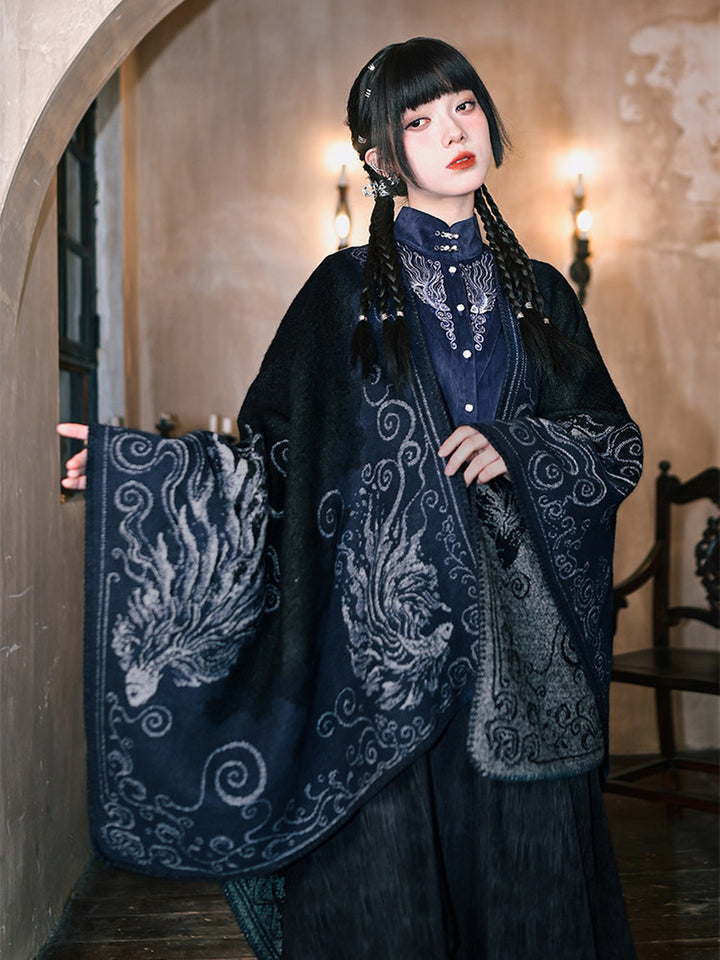 Chinese-Inspired Phoenix Jacquard Cape Shawl