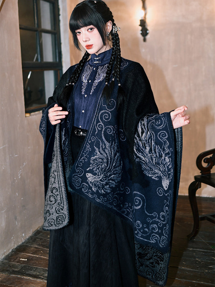 Chinese-Inspired Phoenix Jacquard Cape Shawl