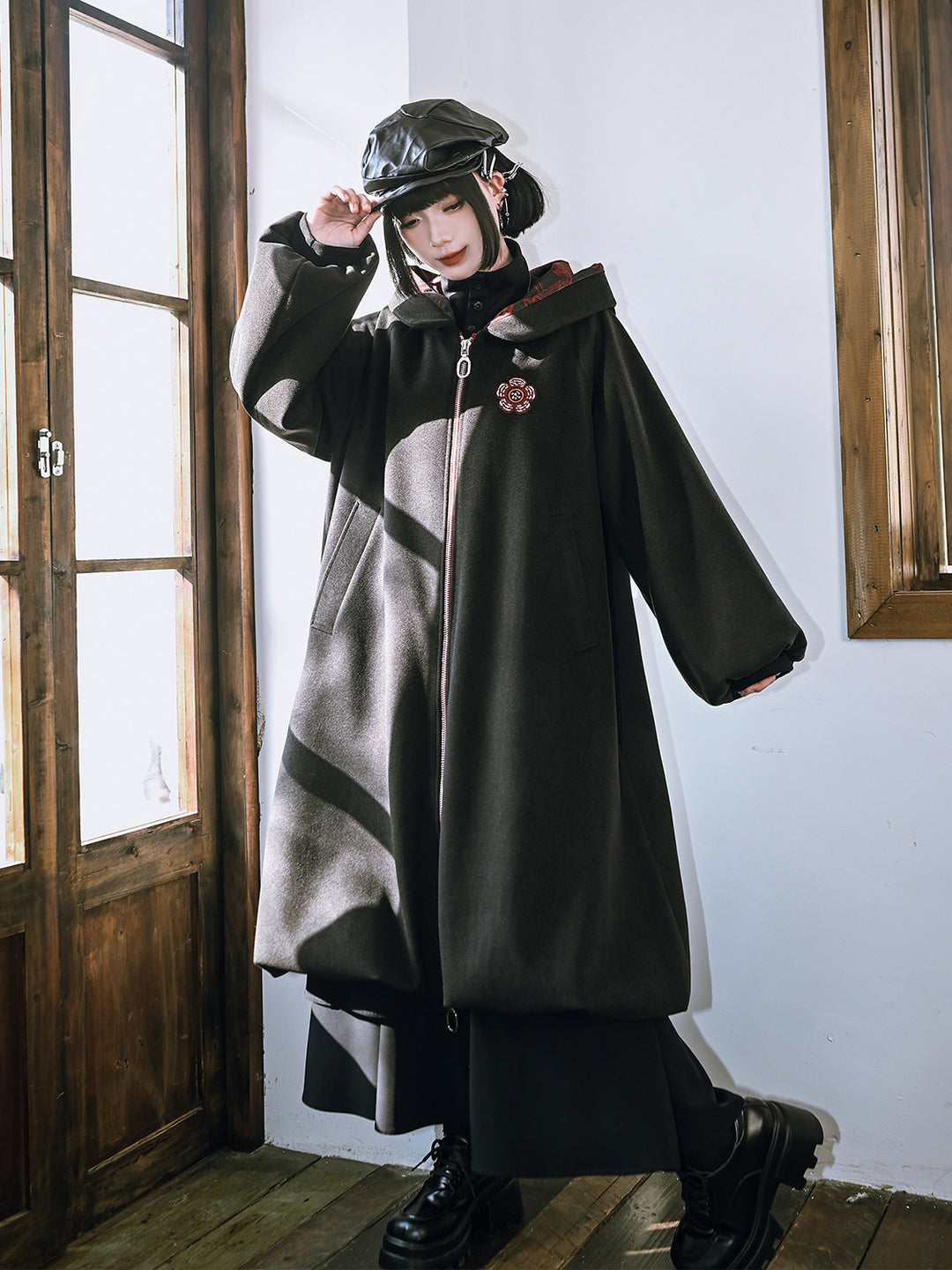 Floral Embroidered Hooded Cocoon Coat