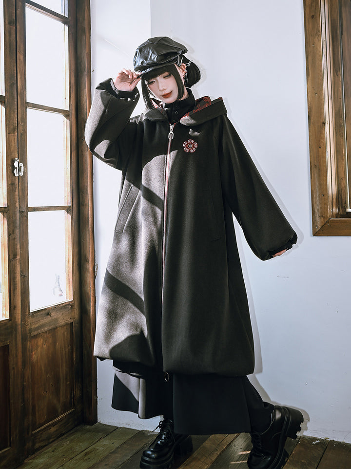 Floral Embroidered Hooded Cocoon Coat
