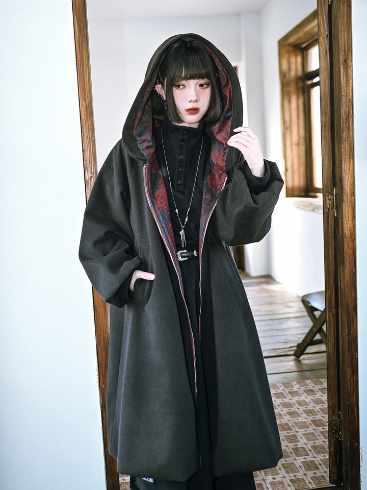 Floral Embroidered Hooded Cocoon Coat