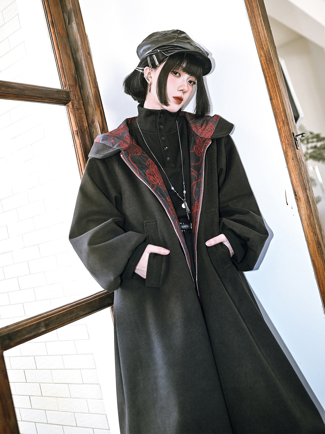 Floral Embroidered Hooded Cocoon Coat