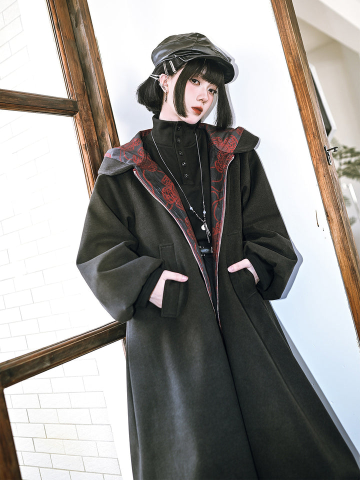 Floral Embroidered Hooded Cocoon Coat