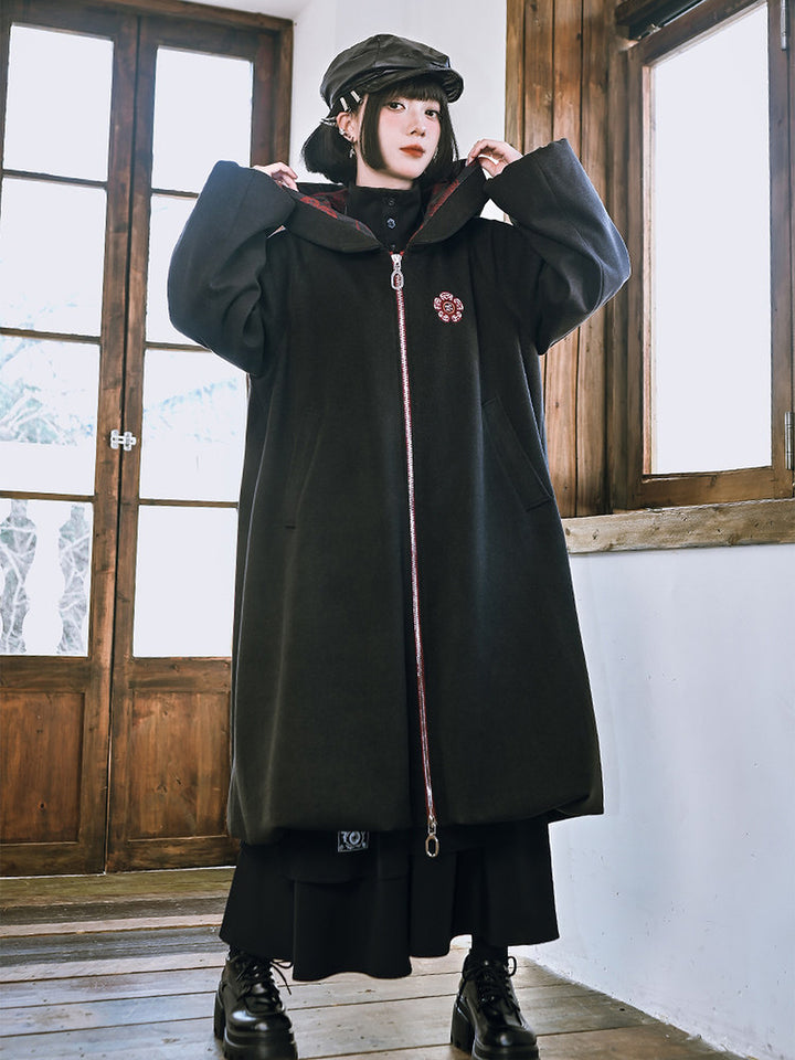 Floral Embroidered Hooded Cocoon Coat