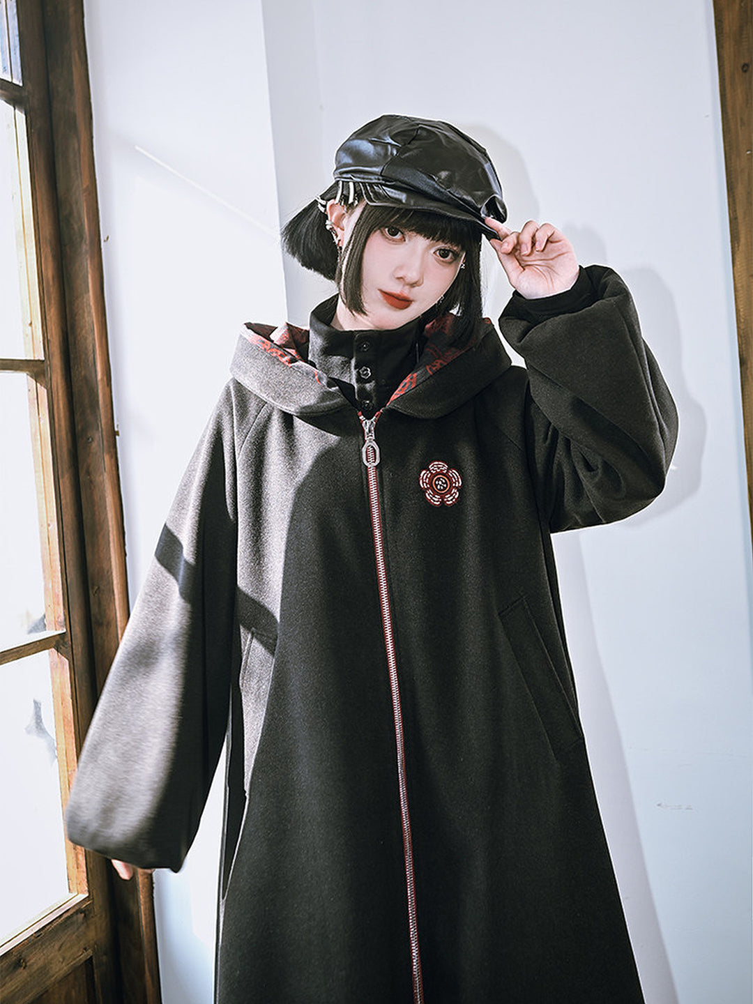 Floral Embroidered Hooded Cocoon Coat