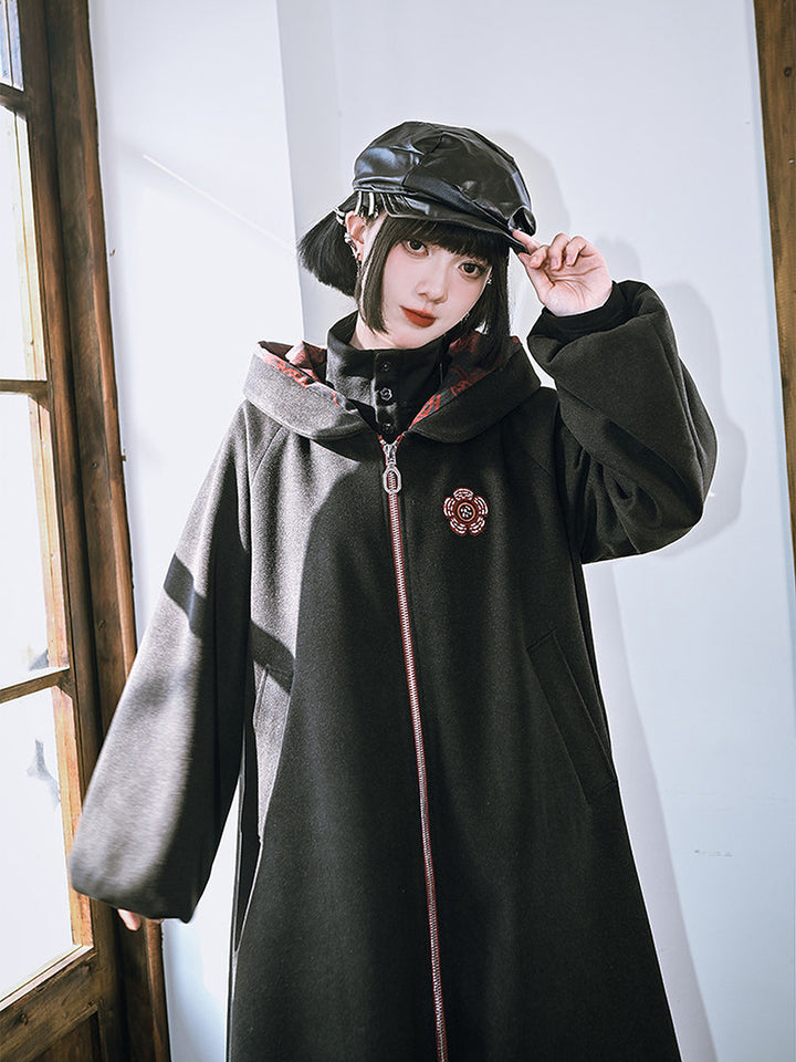 Floral Embroidered Hooded Cocoon Coat
