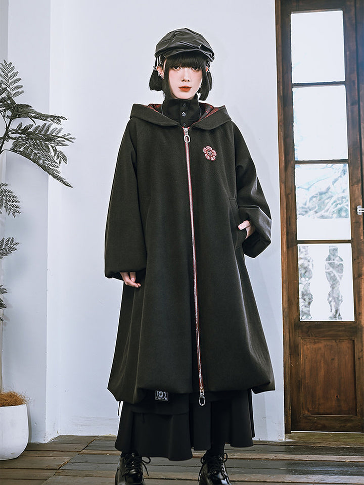 Floral Embroidered Hooded Cocoon Coat