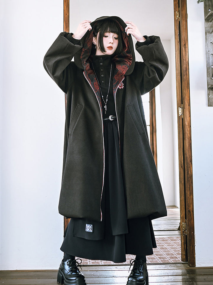 Floral Embroidered Hooded Cocoon Coat