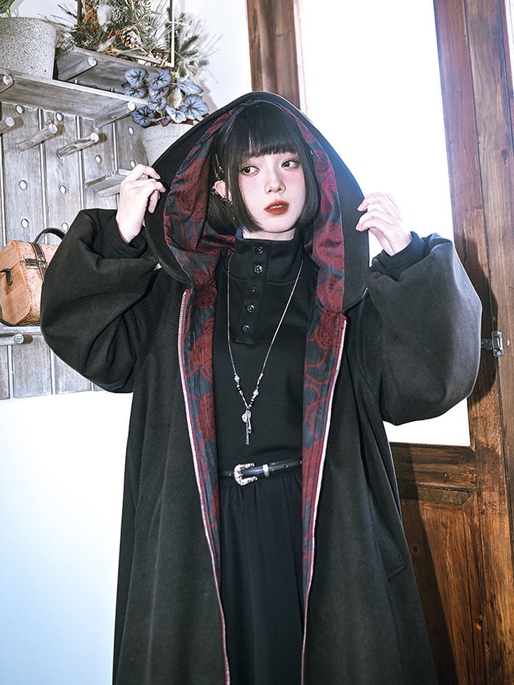 Floral Embroidered Hooded Cocoon Coat
