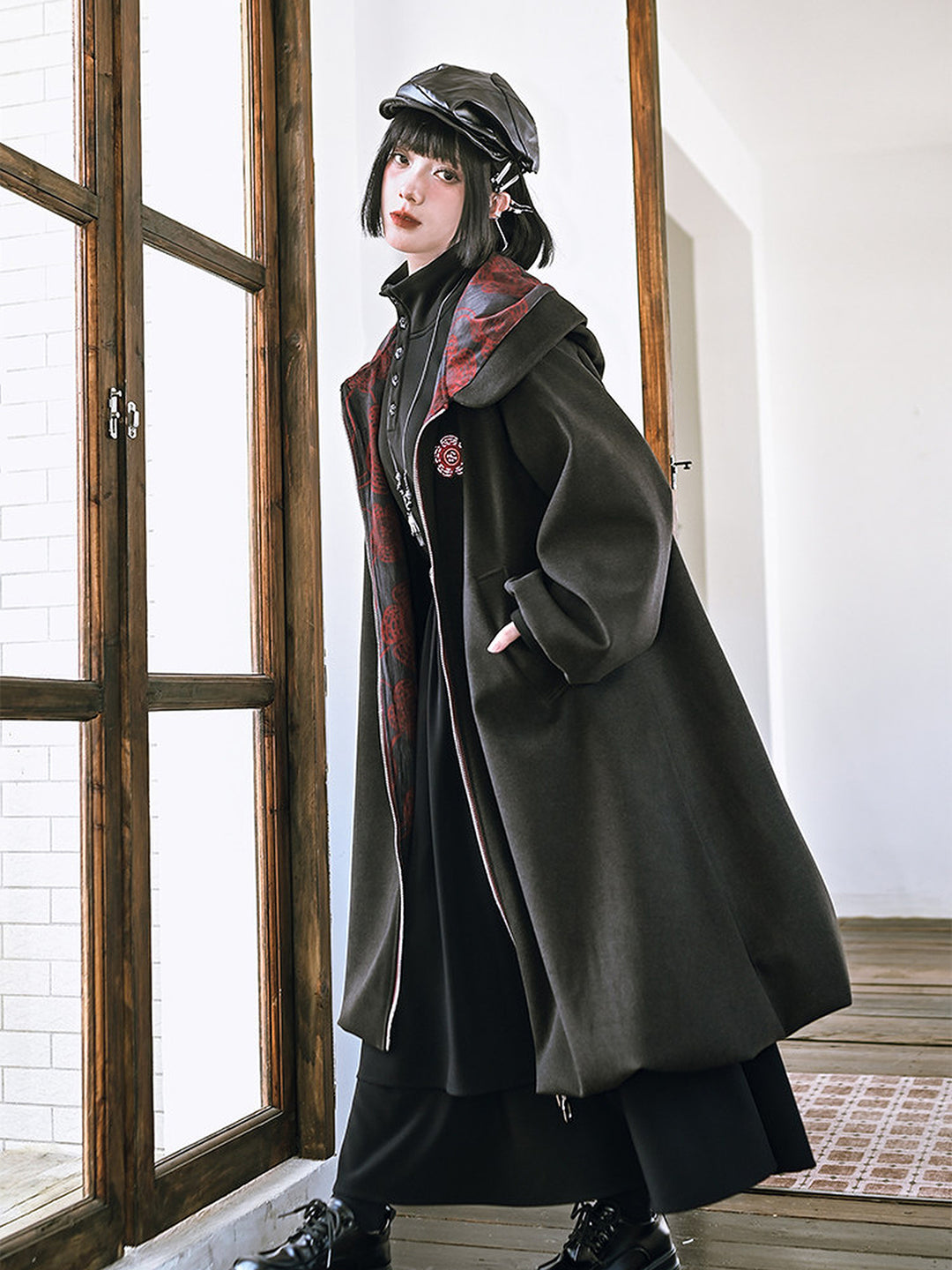 Floral Embroidered Hooded Cocoon Coat