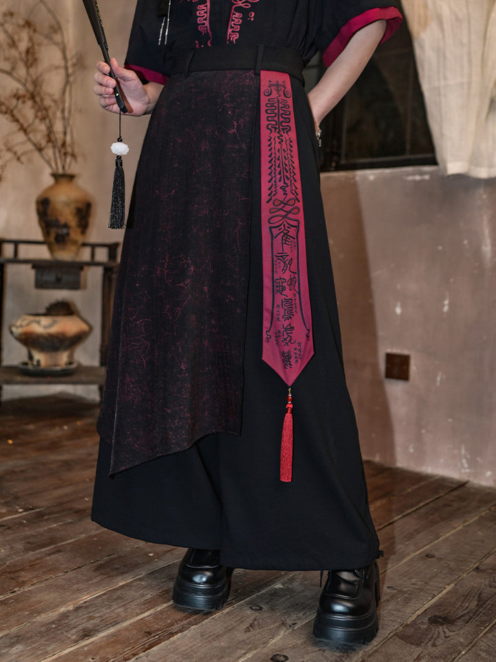 Chinese-Inspired Asymmetric Skirt-Overlay Harem Pants
