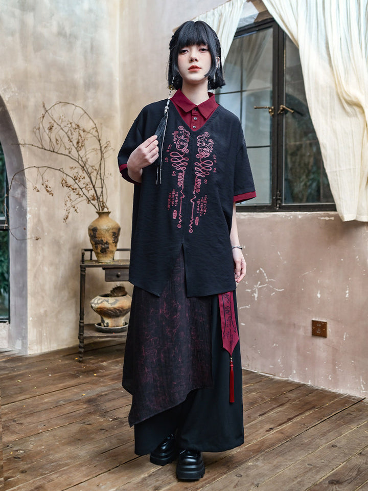 Chinese-Inspired Asymmetric Skirt-Overlay Harem Pants