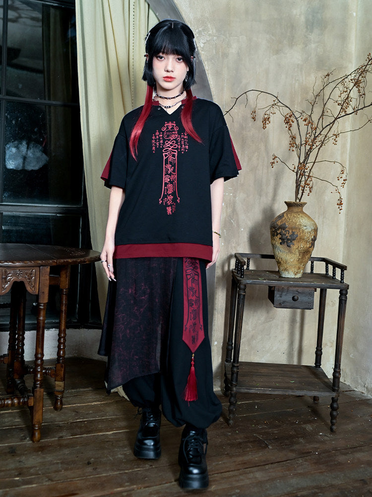 Chinese-Inspired Asymmetric Skirt-Overlay Harem Pants