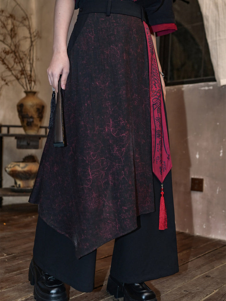 Chinese-Inspired Asymmetric Skirt-Overlay Harem Pants