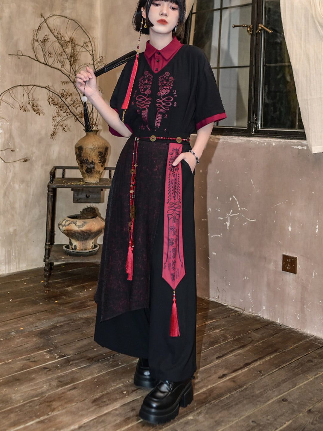 Chinese-Inspired Asymmetric Skirt-Overlay Harem Pants