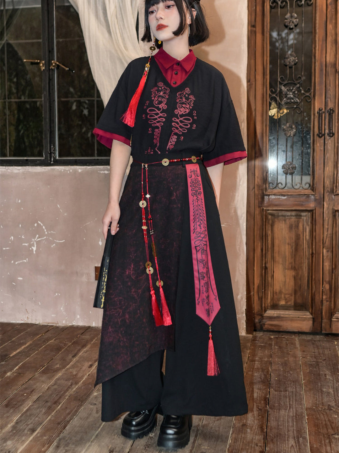 Chinese-Inspired Asymmetric Skirt-Overlay Harem Pants