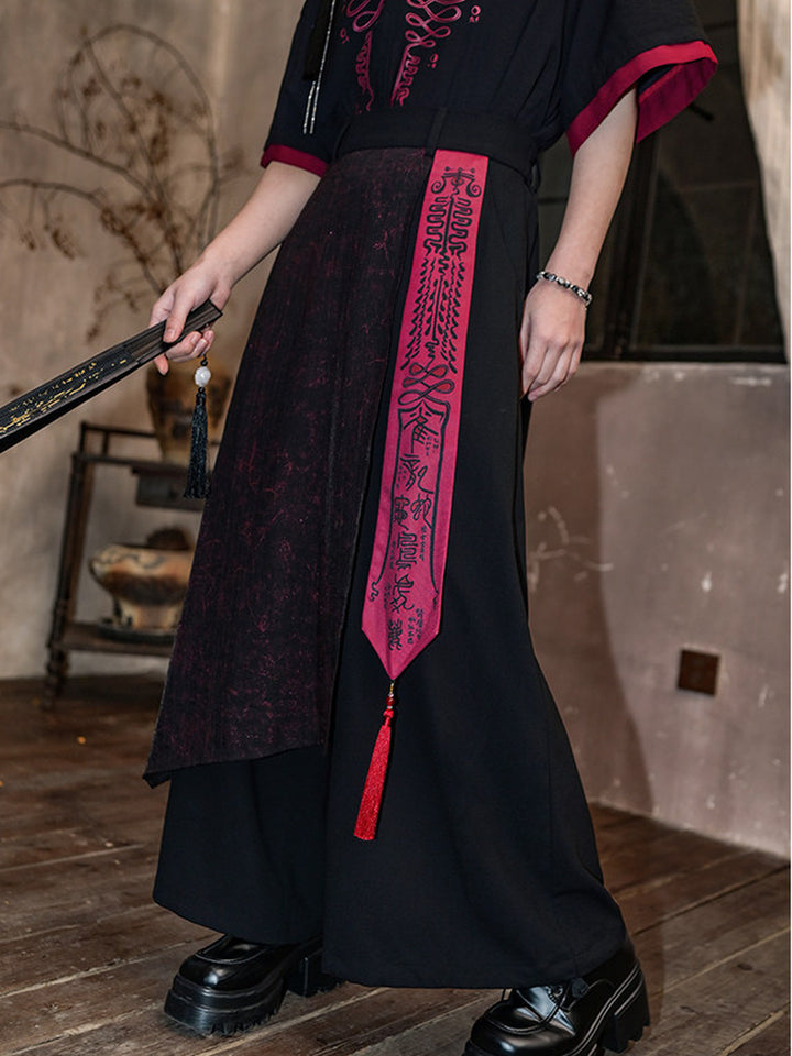 Chinese-Inspired Asymmetric Skirt-Overlay Harem Pants