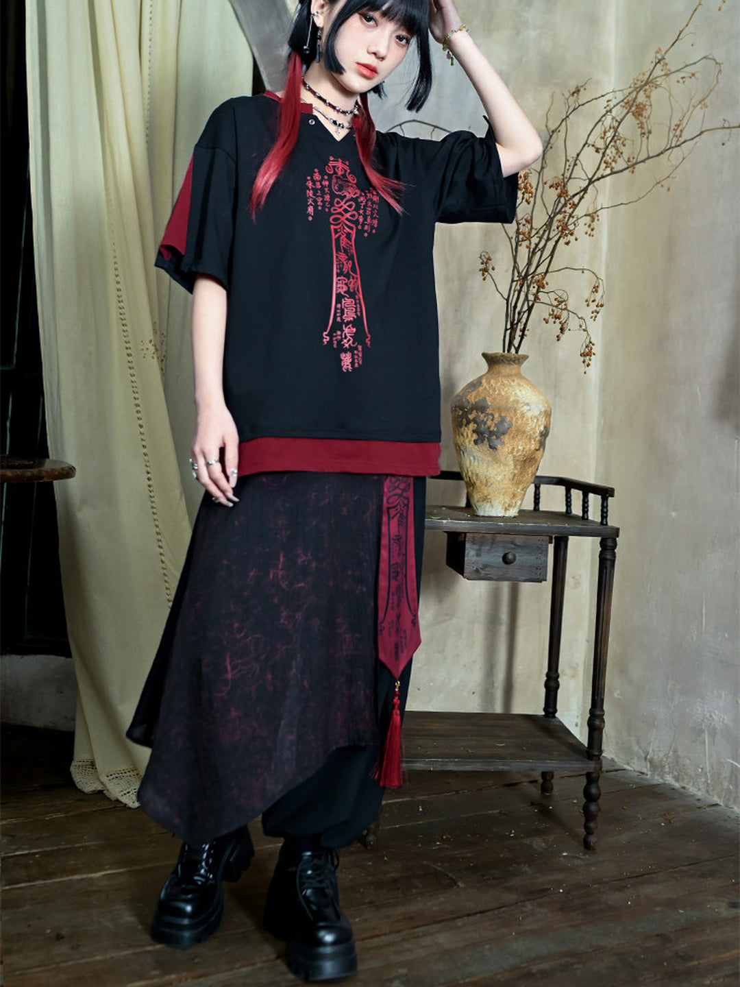 Chinese-Inspired Asymmetric Skirt-Overlay Harem Pants