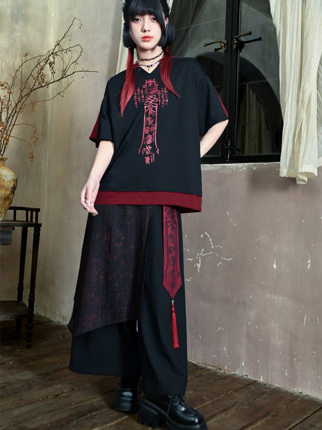 Chinese-Inspired Asymmetric Skirt-Overlay Harem Pants