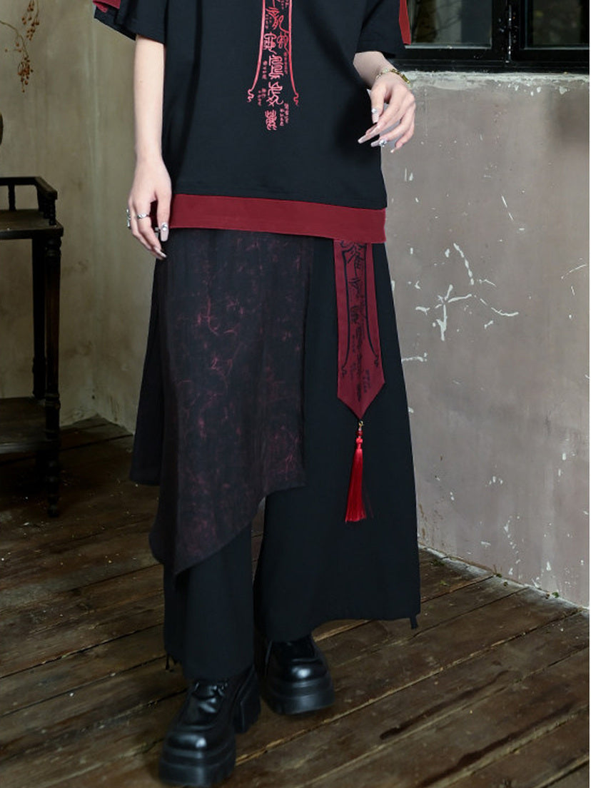 Chinese-Inspired Asymmetric Skirt-Overlay Harem Pants