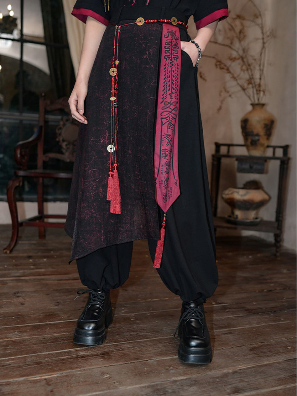 Chinese-Inspired Asymmetric Skirt-Overlay Harem Pants